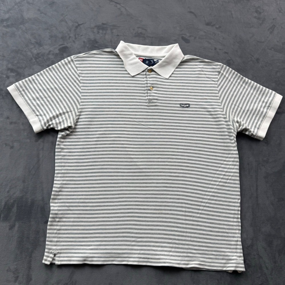 Chaps Mens XL Grey White Striped Short Sleeve Cotton Polo Shirt